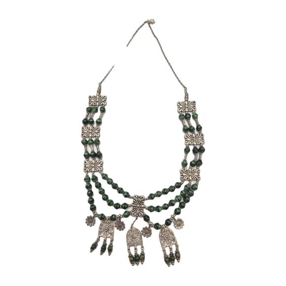 Middle Eastern Tribal Jade Bead 3-Strand Statement Necklace Silvertone Charms - Picture 1 of 8